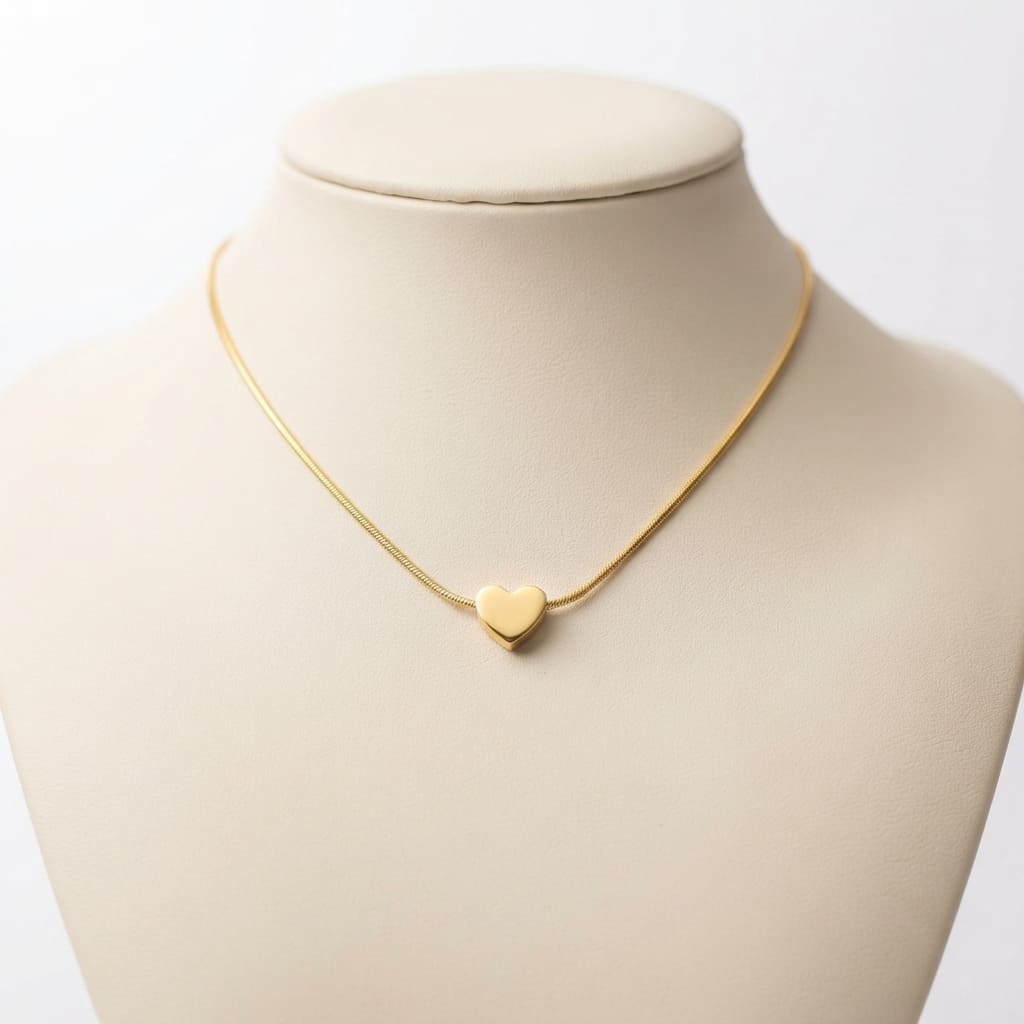 Delicate gold snake chain necklace with small polished heart pendant displayed on a cream-colored jewelry mannequin bust - Snap Mart Pakistan