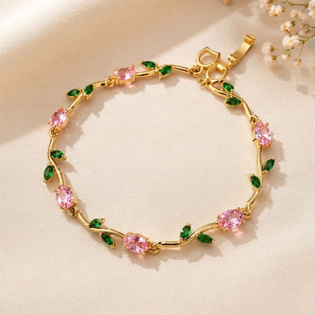 Gold vine-style tulip leaf bracelet with pink marquise crystals and green leaf accents on beige fabric with white baby's breath flowers - Snap Mart Pakistan