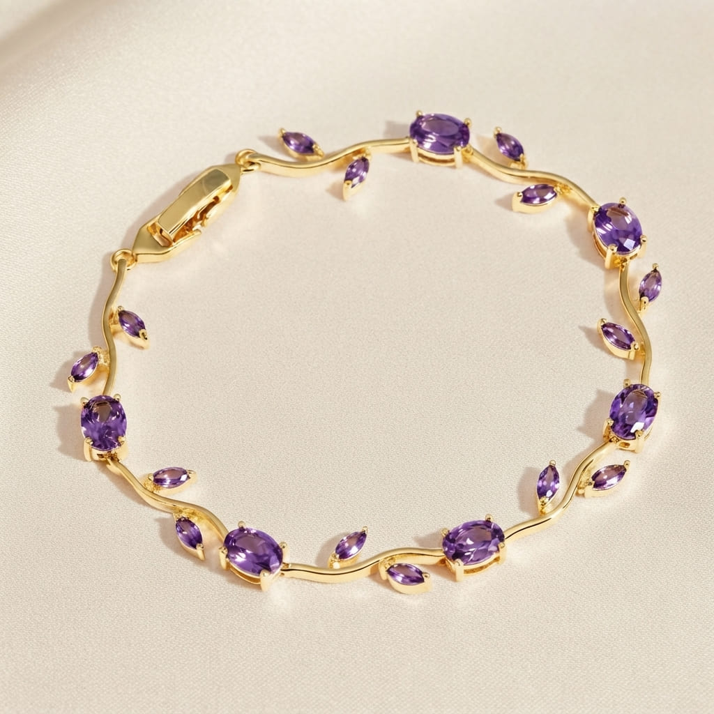 Gold vine-style tulip leaf bracelet with oval and marquise purple crystals on soft beige fabric - Snap Mart Pakistan