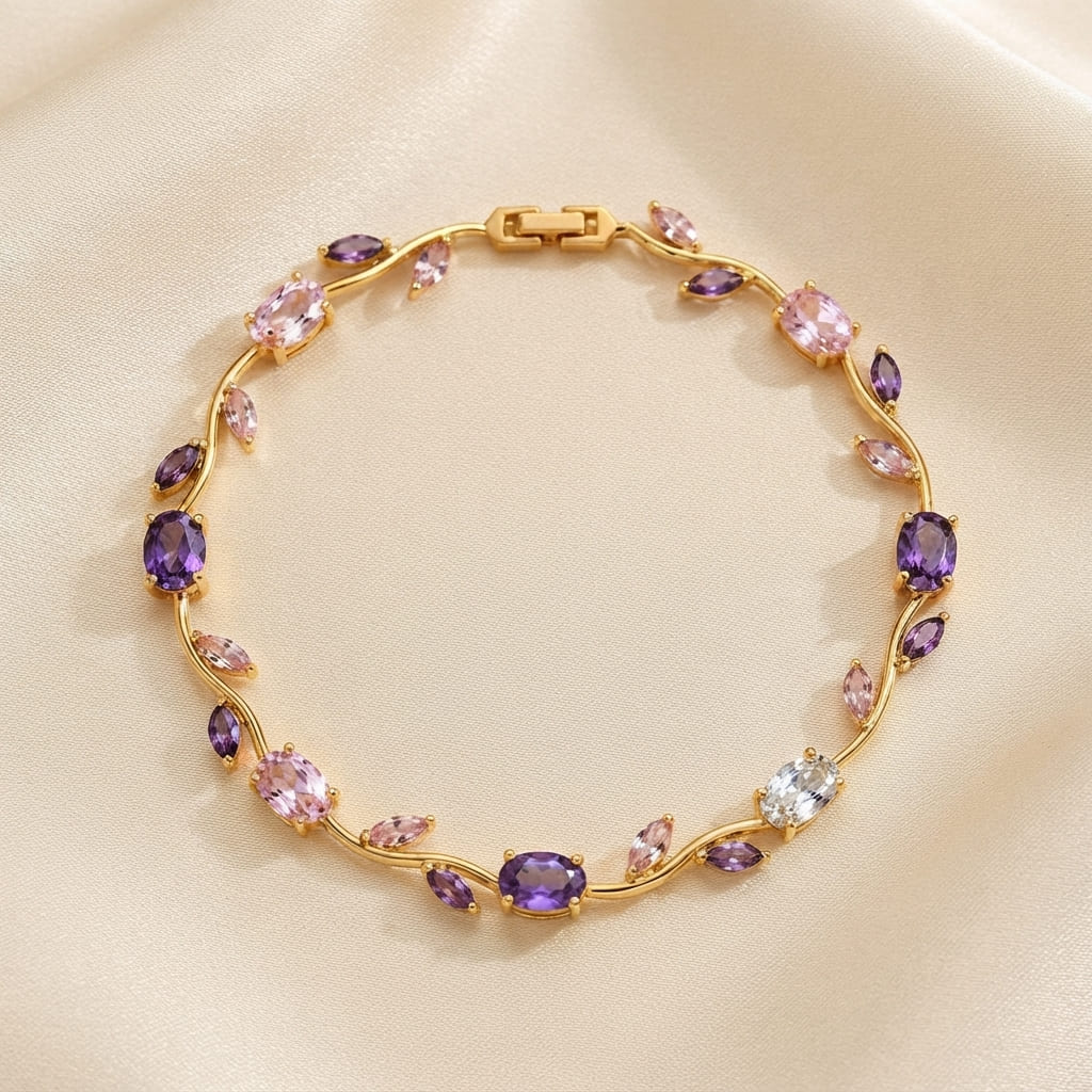 Gold vine-style tulip leaf bracelet with oval and marquise crystals in purple, light pink, and white on beige fabric - Snap Mart Pakistan