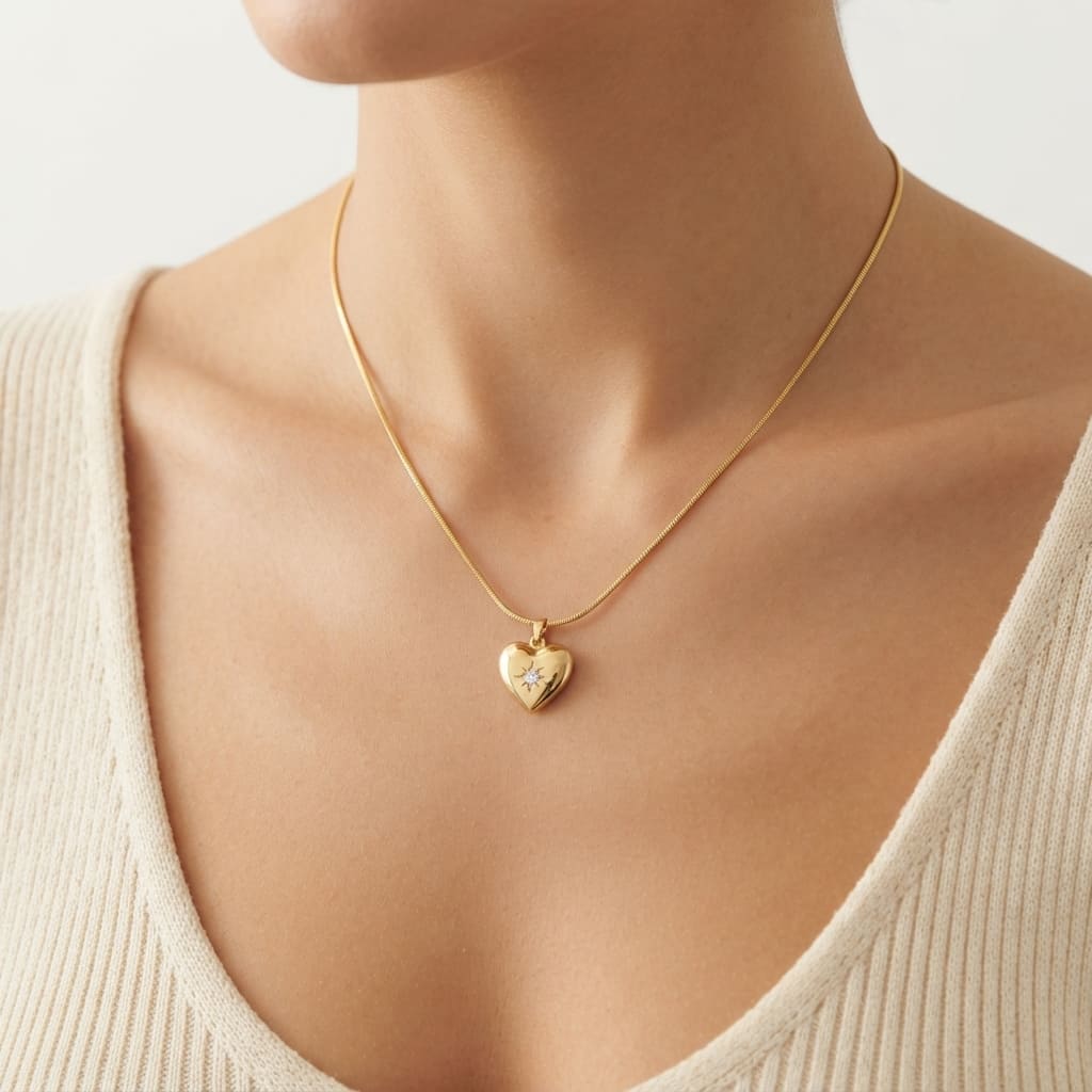 Golden heart pendant necklace with sparkle stone worn by model - Snap Mart Jewelry Pakistan