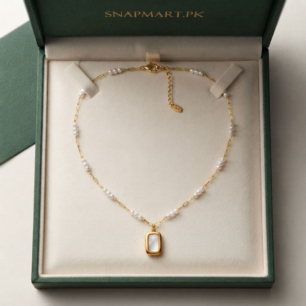 Golden rectangular pearl pendant necklace with mother of pearl inlay in dark green gift box - Snap Mart Jewelry Pakistan