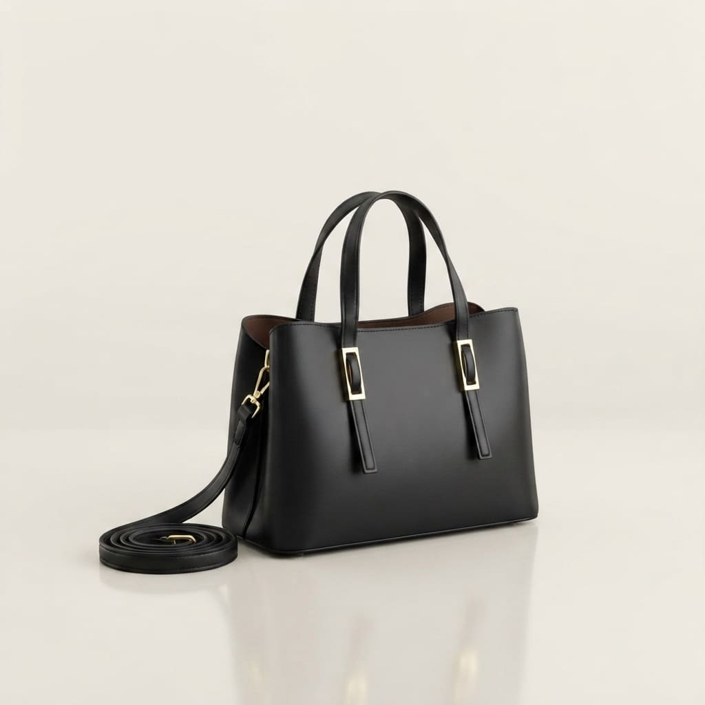 A black leather tote bag with double top handles, a detachable shoulder strap, and gold-tone metal accents, displayed on a clean light beige studio background.