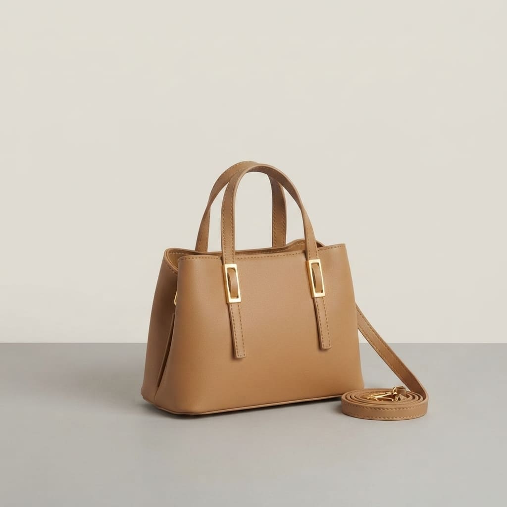 A structured tan leather handbag with double top handles, gold-tone buckle details, and a matching shoulder strap, displayed on a neutral gray surface against a light beige background.