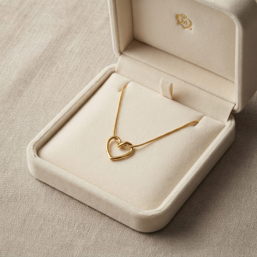 Twisted gold open heart pendant necklace on snake chain inside cream velvet jewelry box - Snap Mart Jewelry Pakistan