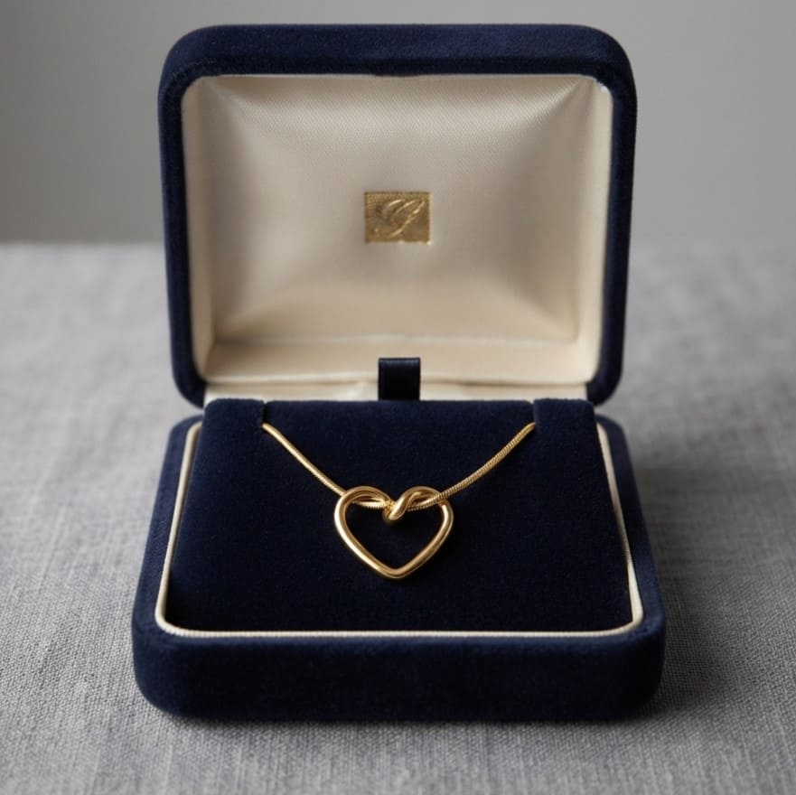 Twisted gold open heart pendant necklace on snake chain in open dark blue velvet jewelry box - Snap Mart Jewelry Pakistan