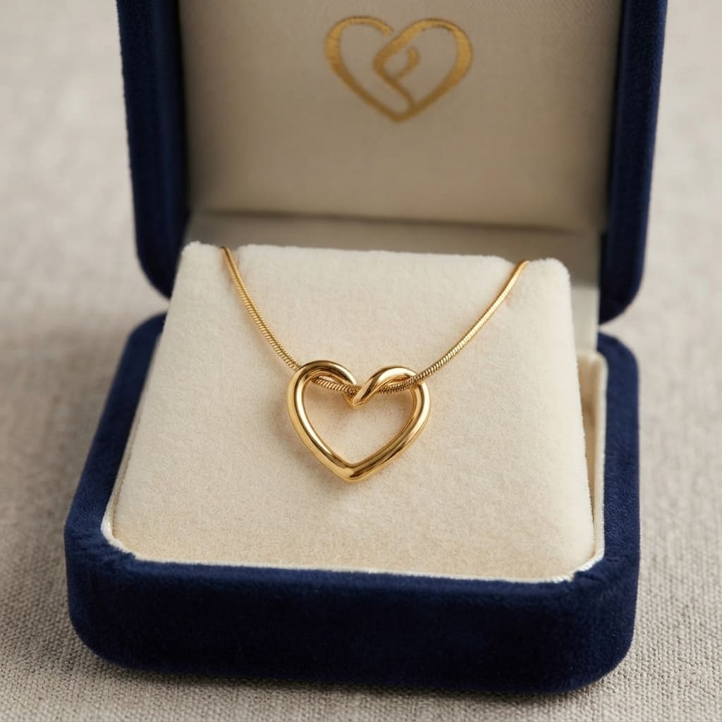 Twisted gold open heart pendant necklace on snake chain in open navy blue velvet jewelry box - Snap Mart Jewelry Pakistan