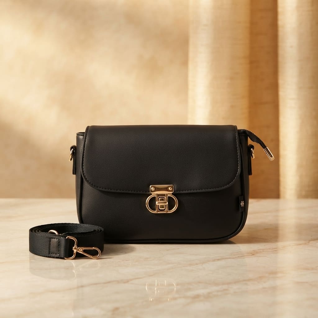 crossbody bag with a gold twist lock and matching fabric strap on a marble surface.