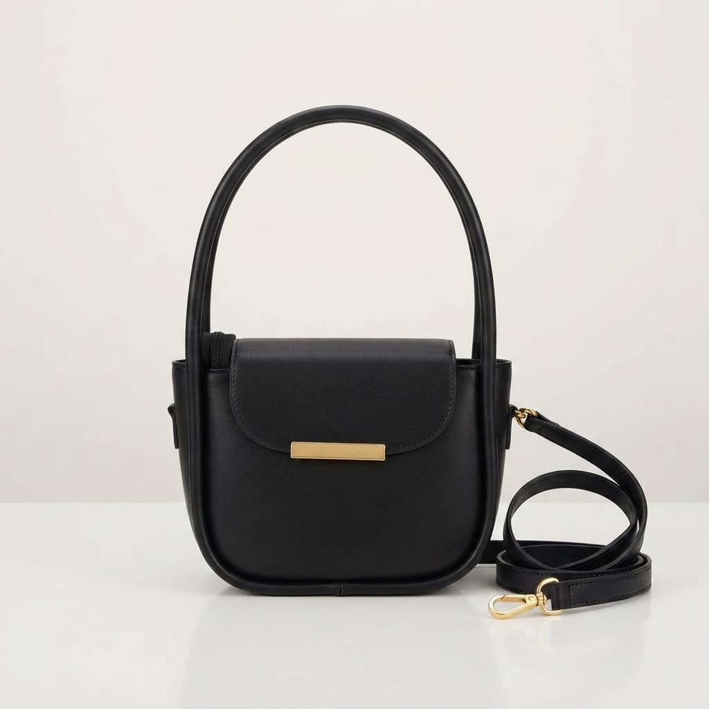 Black faux leather handbag with a gold metal bar closure, top handles, and a detached shoulder strap on a white surface.