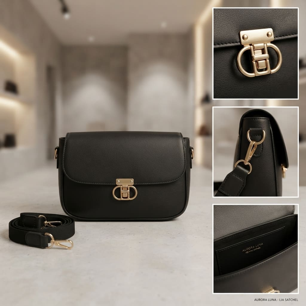 Close-up views of the black crossbody bag showing the gold lock, side strap ring, and inner pocket.