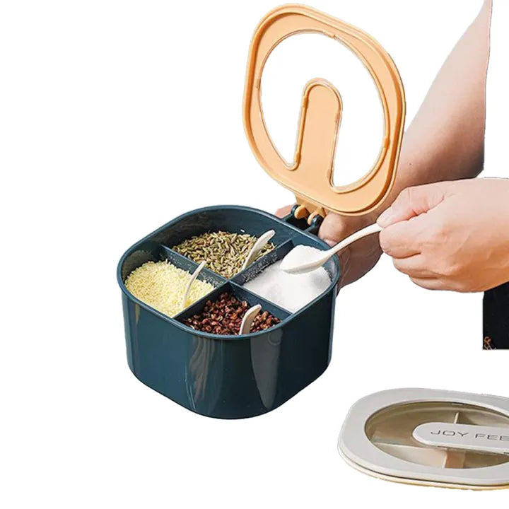 4-in-1 Partitioned Seasoning Box – 4-Grid Spice Organizer with Spoons