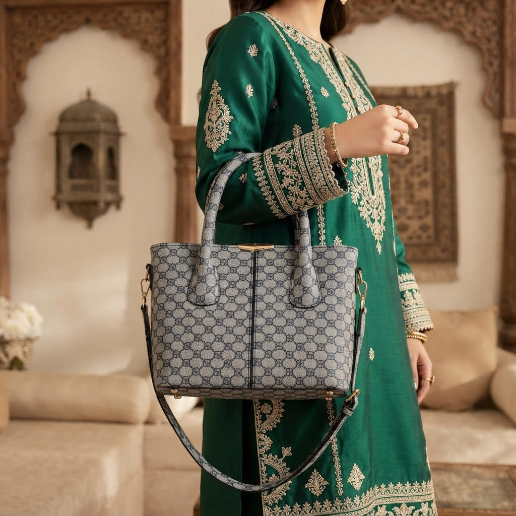 Woman wearing a green traditional outfit holding the grey monogram pattern handbag.