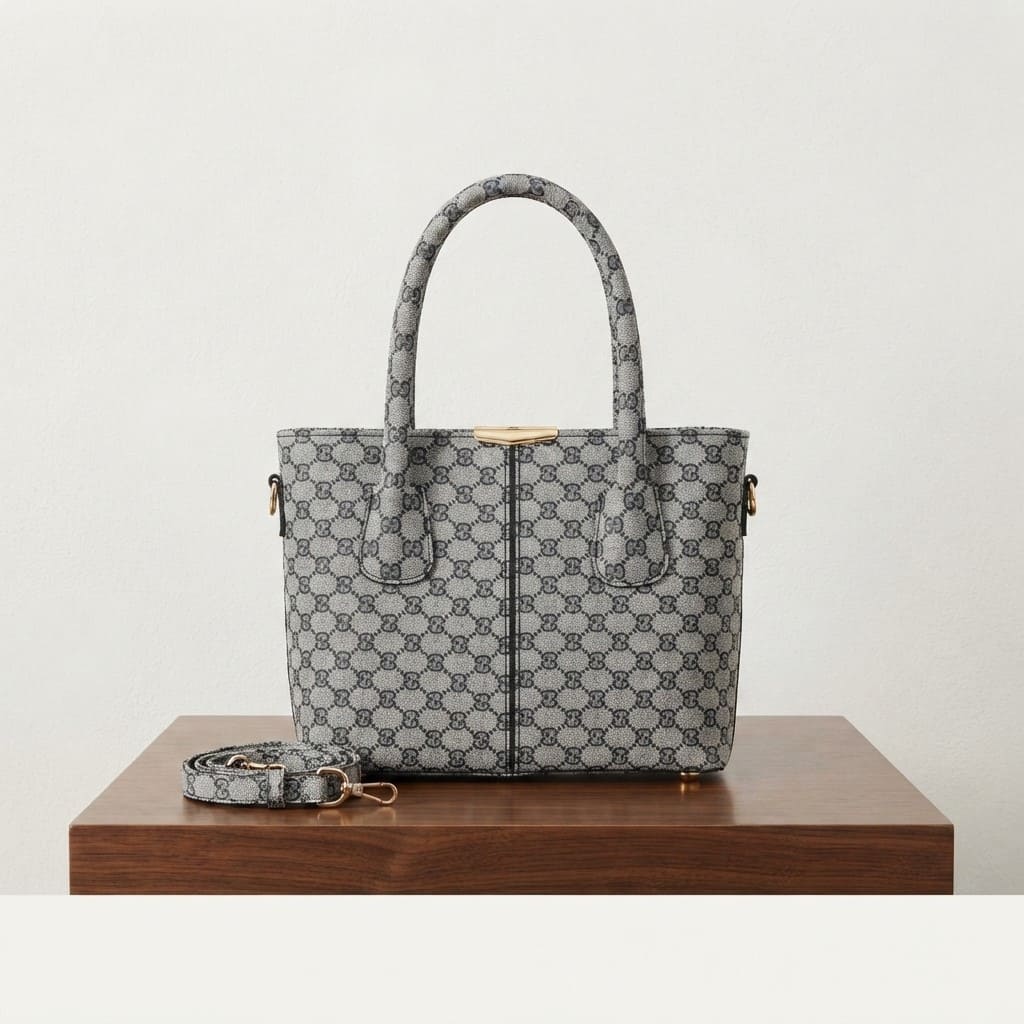 Grey monogram print faux leather handbag with top handles and a matching shoulder strap on a wooden table.