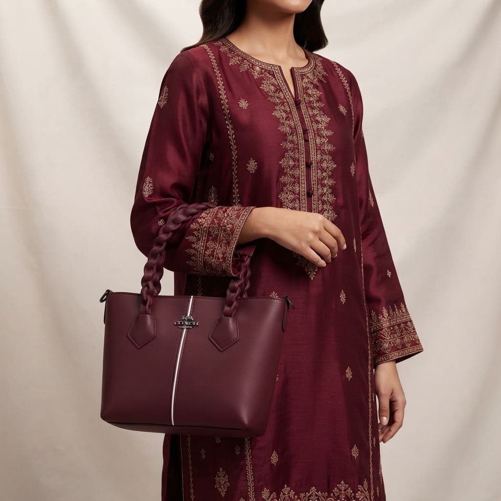 Woman wearing a matching maroon traditional outfit holding the braided-handle maroon handbag.