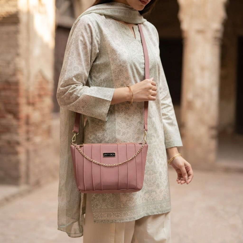 Woman wearing a light printed traditional outfit carrying the mauve crossbody bag over her shoulder.
