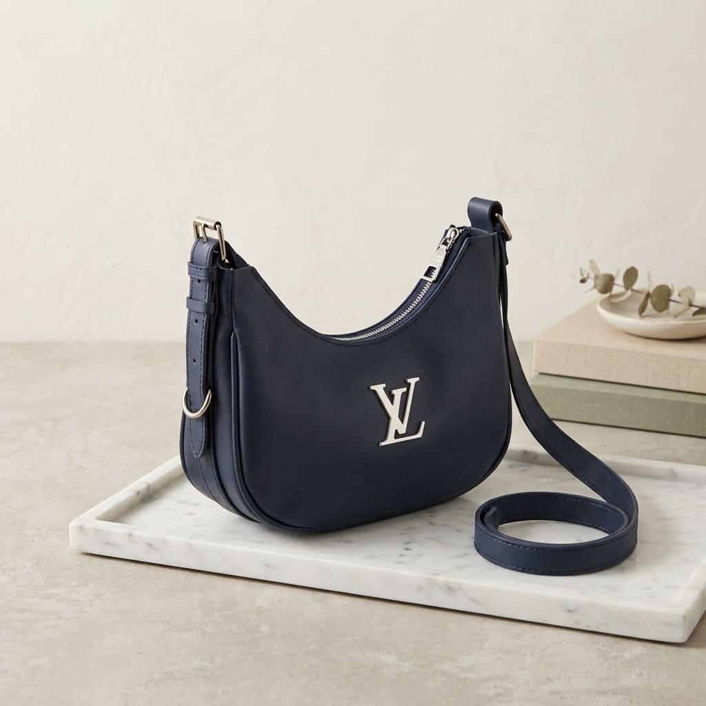 Navy blue leather crescent handbag display on white marble tray with adjustable strap