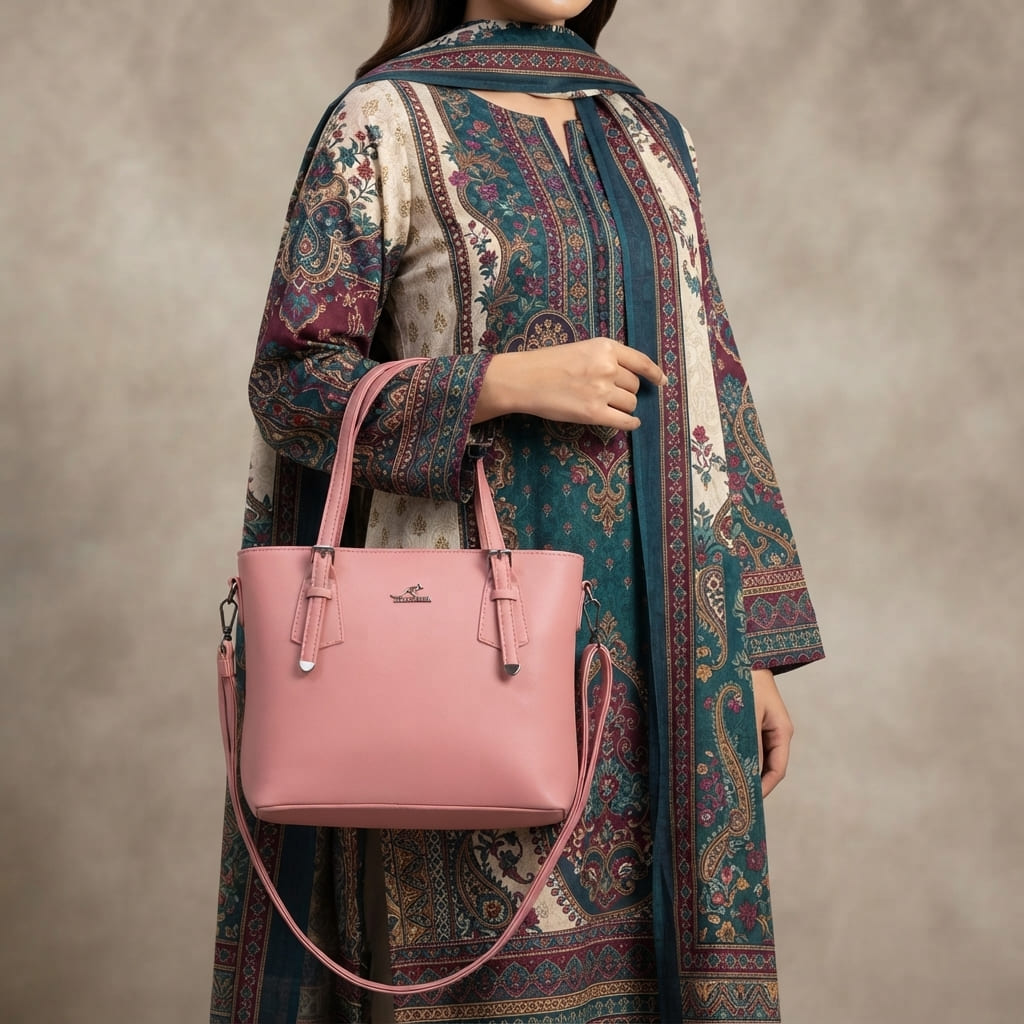 Woman standing next to a table holding the pink handbag with its shoulder strap placed nearby.