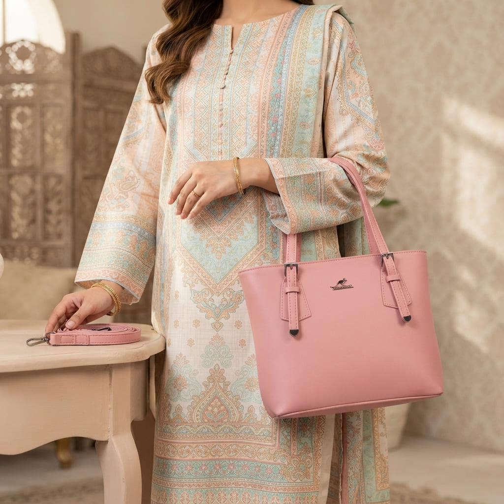 Woman standing next to a table holding the pink handbag with its shoulder strap placed nearby.