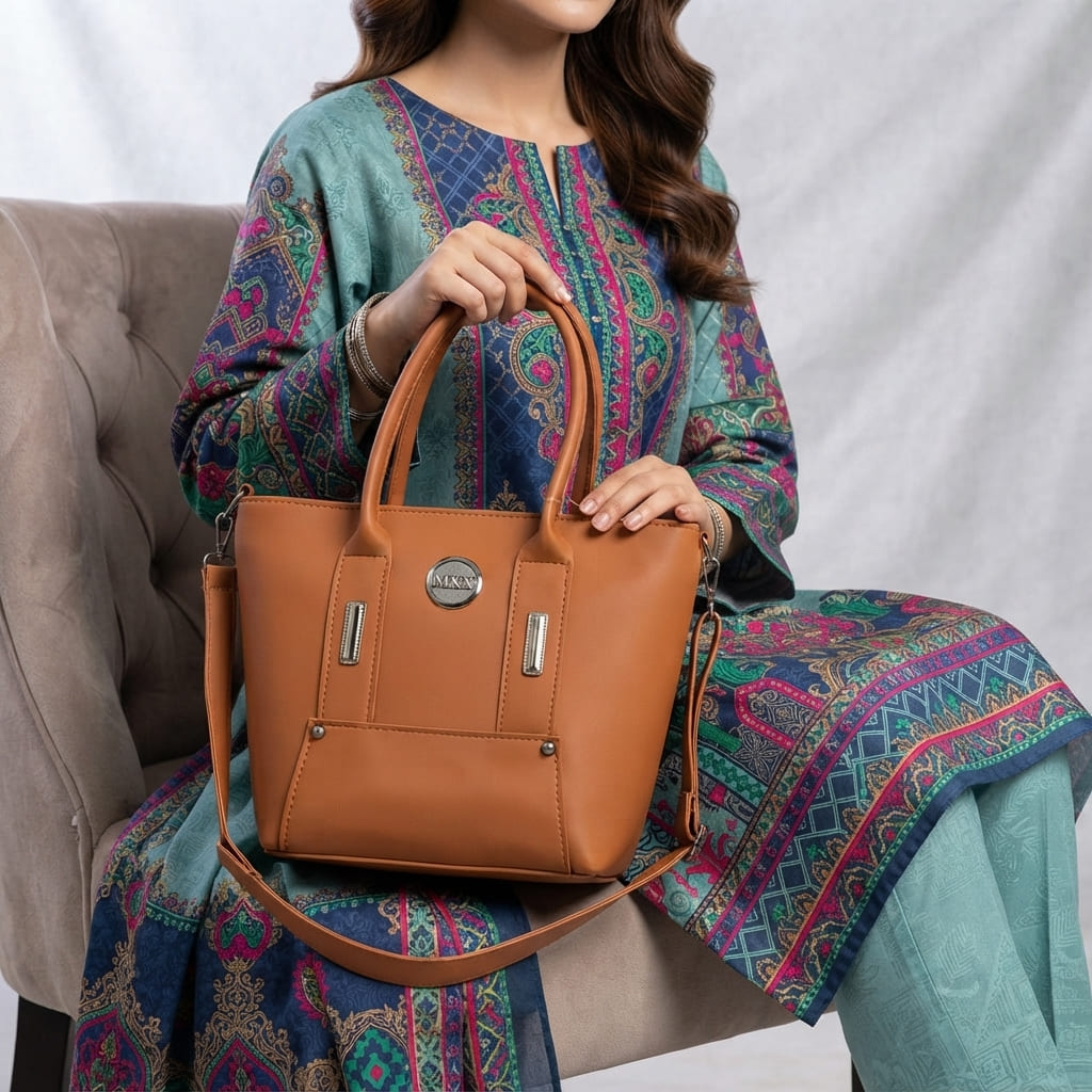 Woman sitting on a chair wearing a blue traditional outfit while holding the tan handbag.