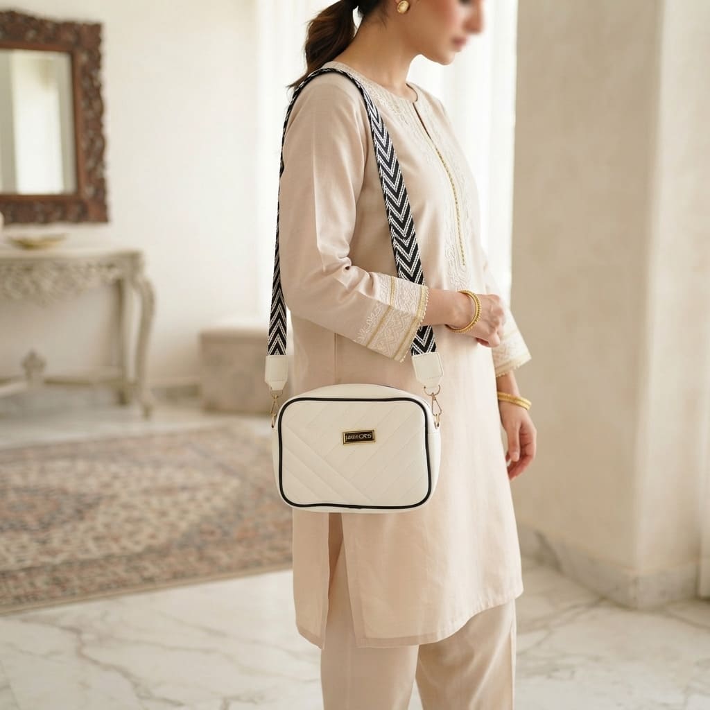 Woman standing and showing the side profile of the white quilted crossbody bag with its patterned strap.