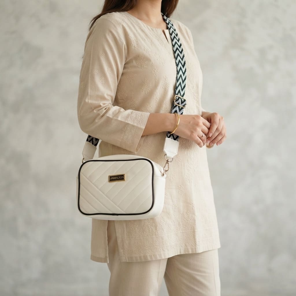 Woman wearing a neutral beige traditional outfit wearing the white quilted crossbody bag across her shoulder.
