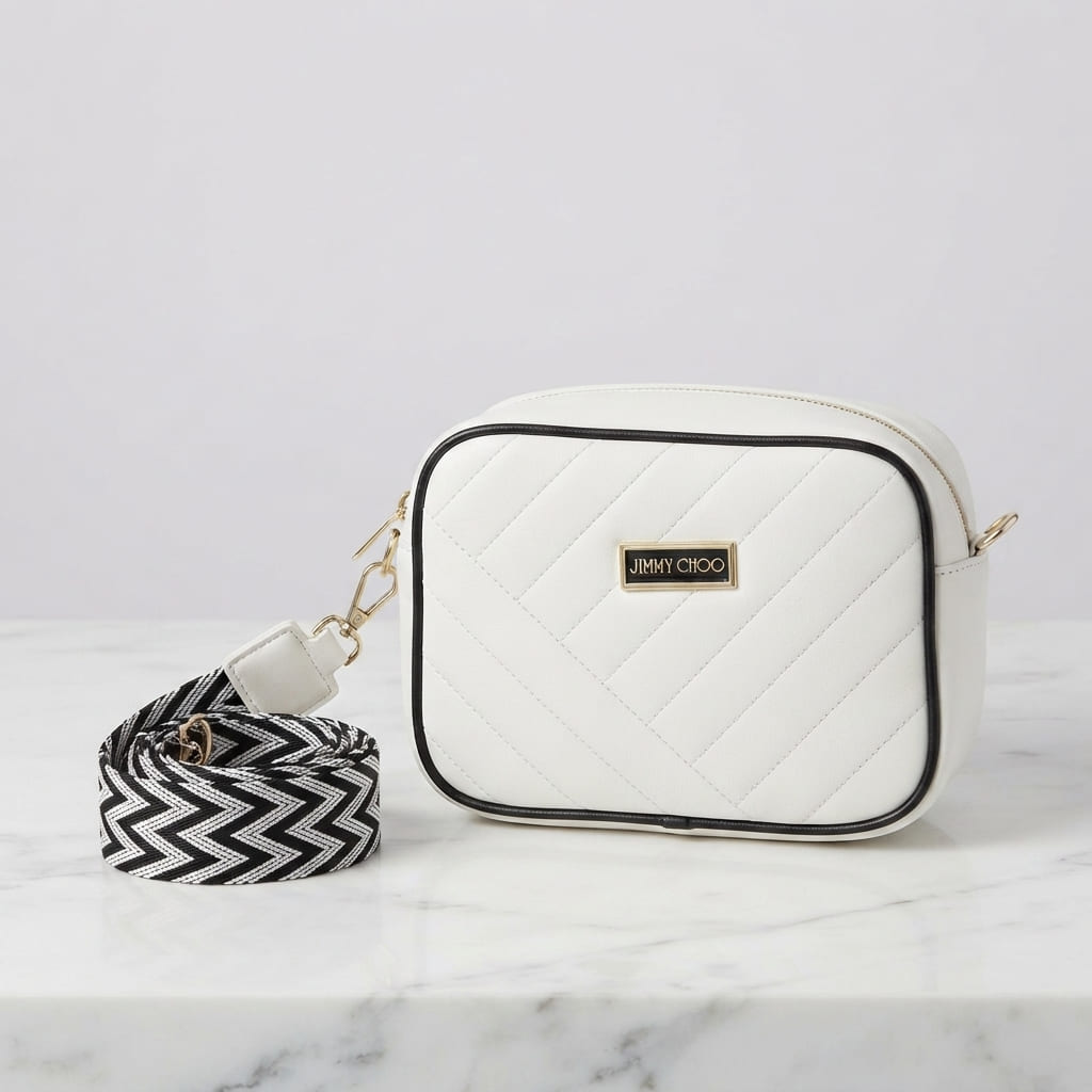 White faux leather quilted crossbody bag with black piping, logo badge, and a black-and-white geometric strap on a marble surface.